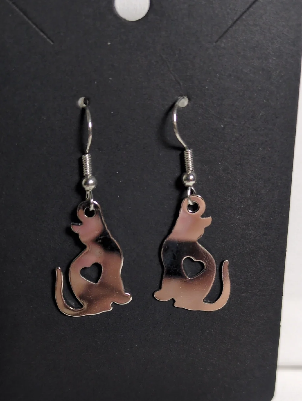 Silver Cat Heart Dangle Earrings - Pets Cat